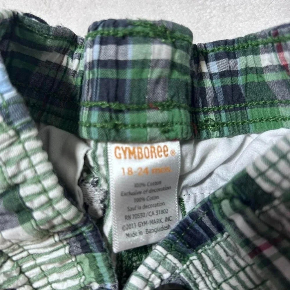 Gymboree Boys‎ Tractor Green Blue Plaid Shorts Sz 18-24 M Farming Country Farmer